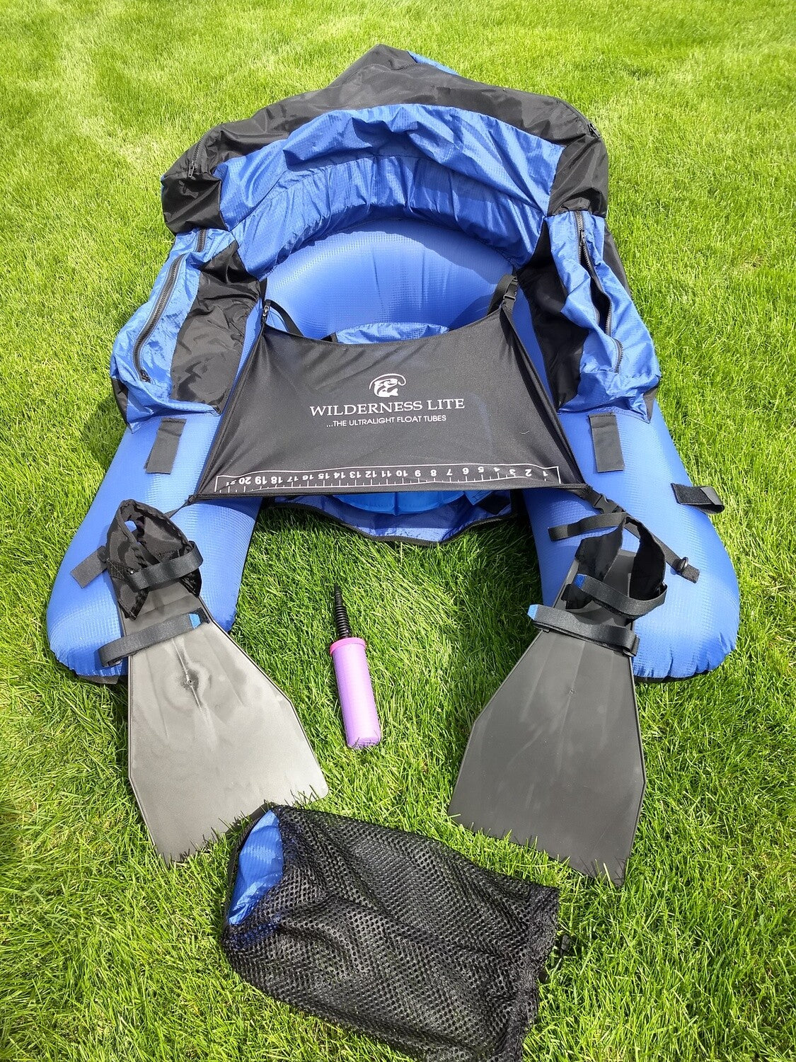 The Backpacker Pro complete ultralight float tube in this picture includes all the untralight features needed for a day hike, a long weekend, or a week or more of fishing high mountain lakes in the wilderness.  