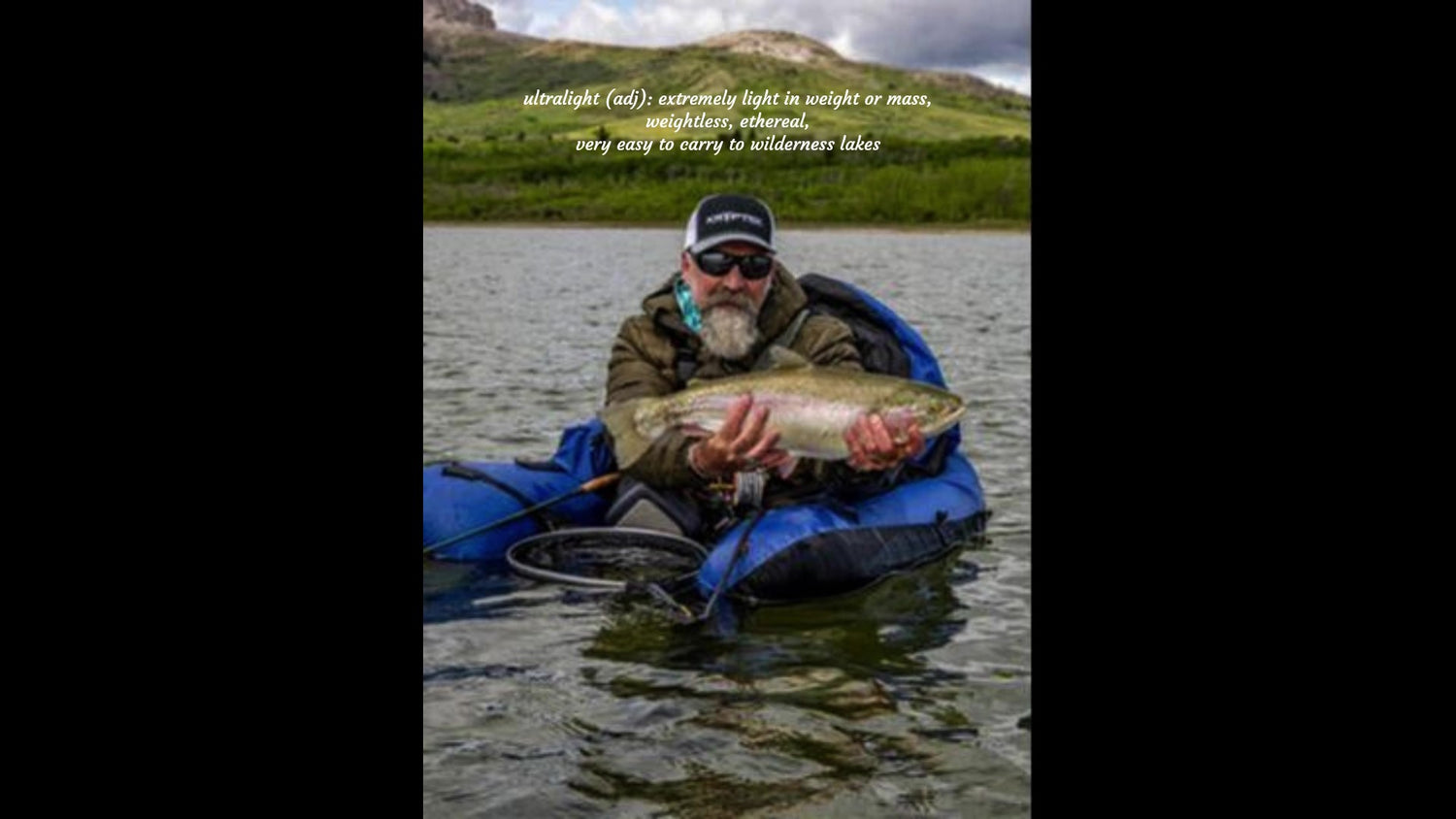 A remarkable trophy rainbow trout was landed by this stillwater fisher as shown in this picture of the Backpacker Pro ultralight float tube on a wilderness lake.
